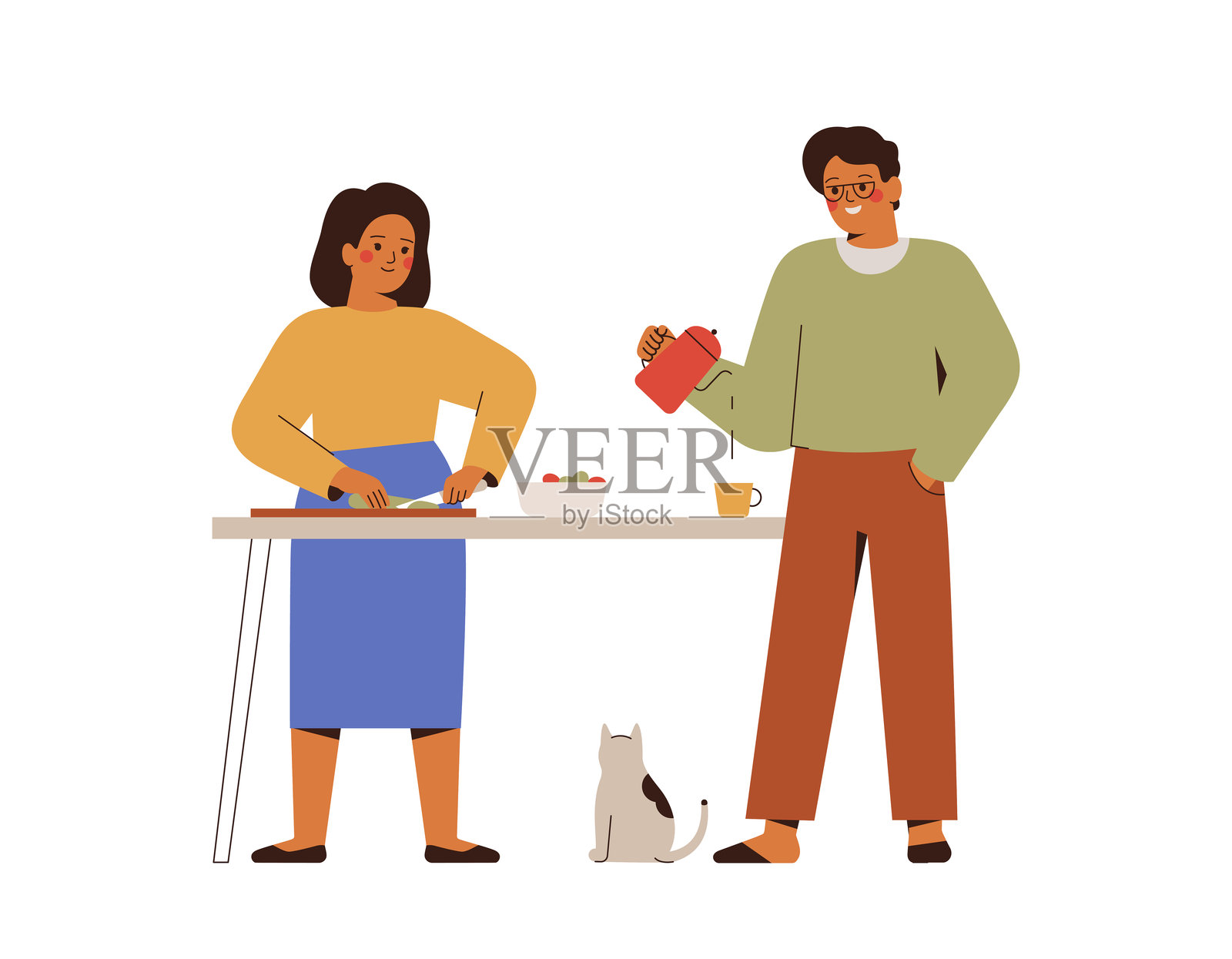 家庭在早晨一起做饭和享用早餐。男人和女人在厨房里交谈并一起用餐。矢量图。插画图片素材