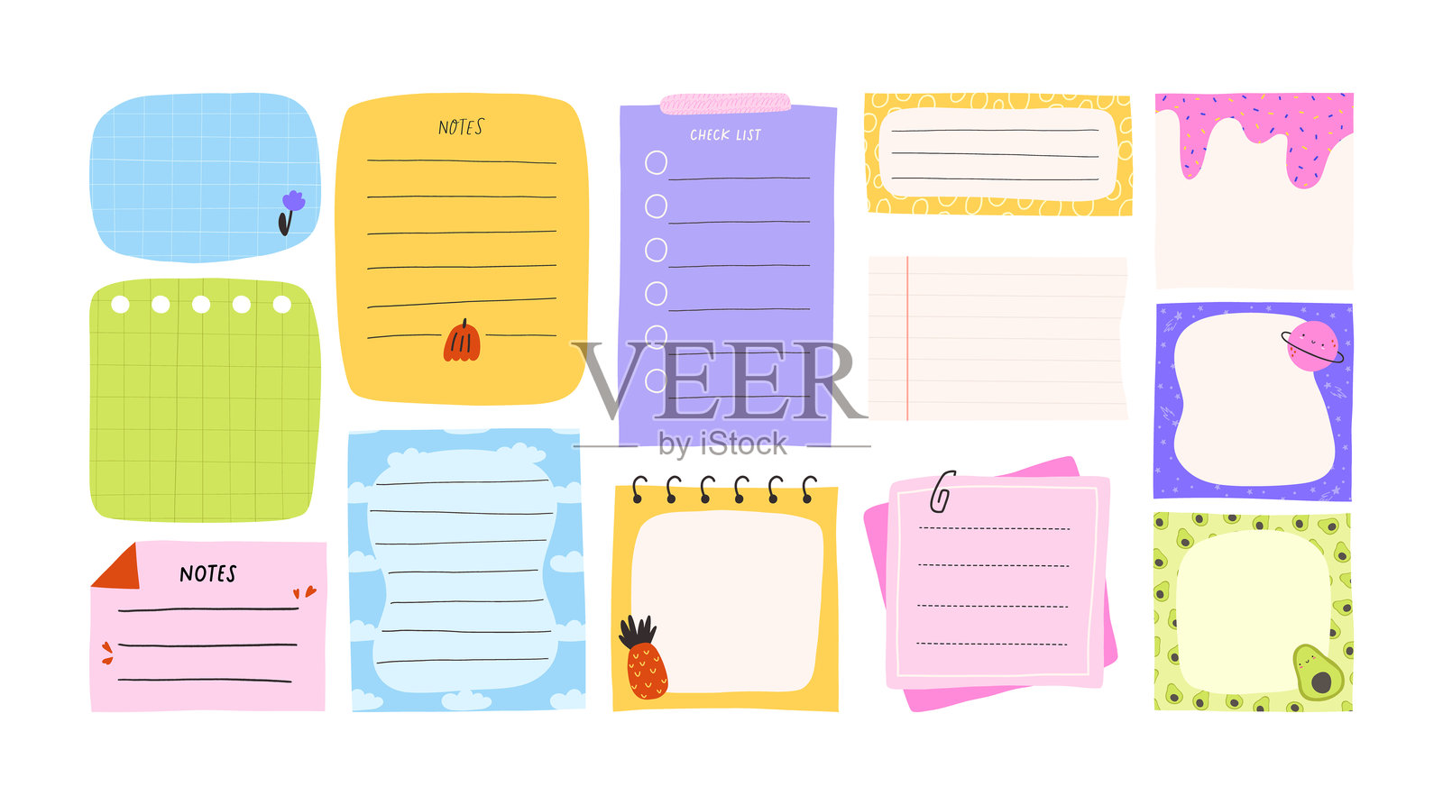 一组多彩的便条和备忘录，用于计划和日记，平面矢量插图，背景为白色。插画图片素材