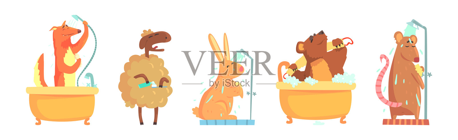 有趣的动物在浴室洗澡和清洗的矢量图集插画图片素材