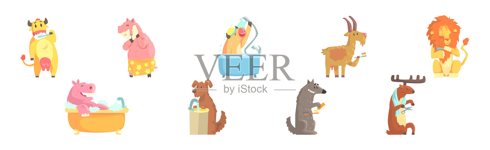 有趣的动物在浴室洗澡和清洗的矢量图集插画图片素材