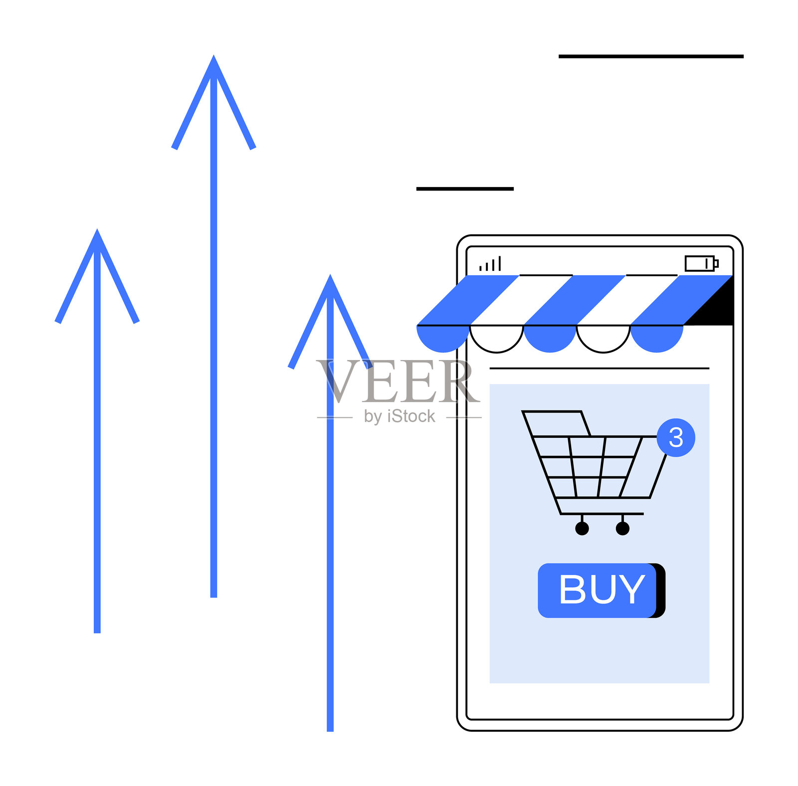 智能手机在线购物增长，购物车和上升箭头展示电子商务成功插画图片素材