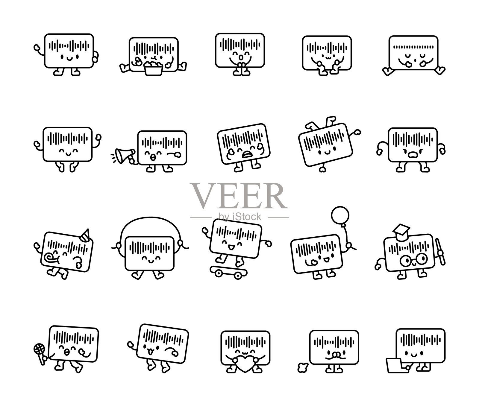 微笑的角色们坐着，吃着爆米花，跳跃着，戴着派对帽，玩着滑板，手里拿着气球，戴着毕业帽，使用着笔记本电脑，惹人喜爱地休息，唱歌，跳绳，充满乐趣和友好，漂亮。插画图片素材