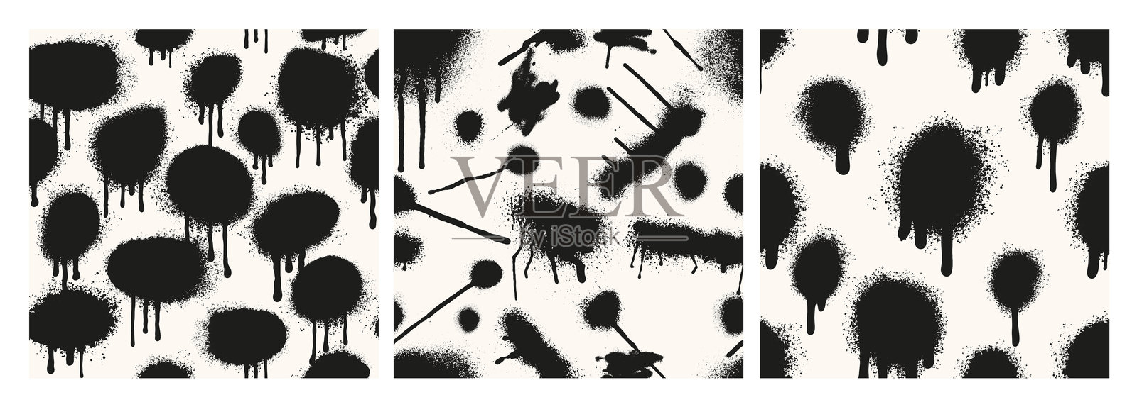 无缝飞溅图案集。抽象的磨损污点矢量。创意背景集合，包含污点和斑点。涂鸦喷漆无缝图案。模板为粗糙的抽象纹理。插画图片素材