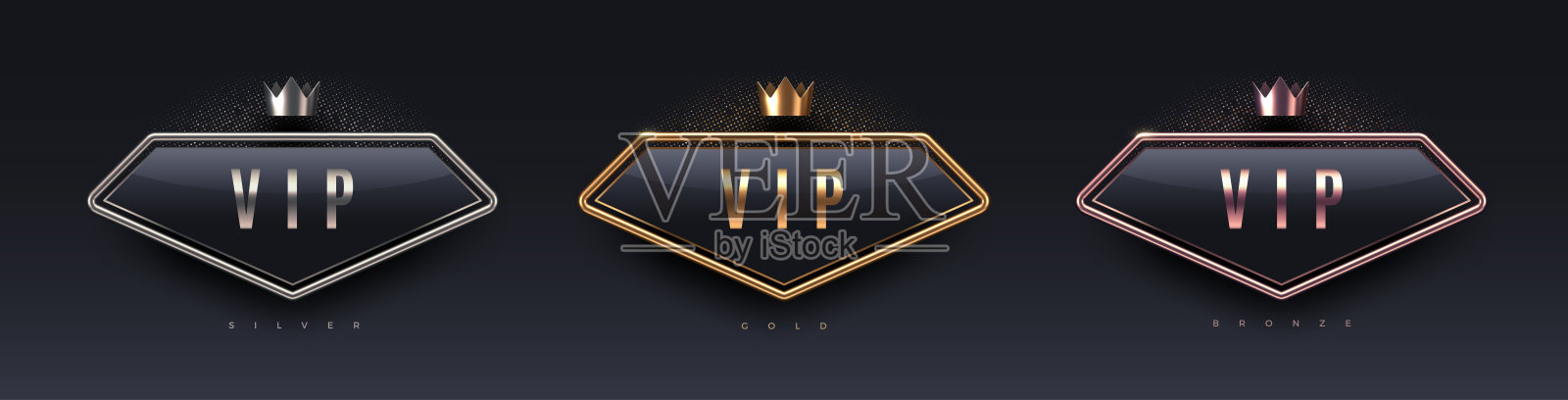 带金属框架和皇冠的3D贵宾标志。黑色背景上的金色、银色和铜色金属奢华标志。矢量图集。插画图片素材