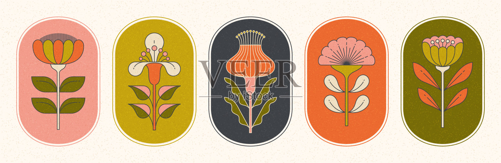 斯堪的纳维亚民俗风格花卉组合。简单的花朵形状，带轮廓。带有颗粒纹理的矢量插图。插画图片素材