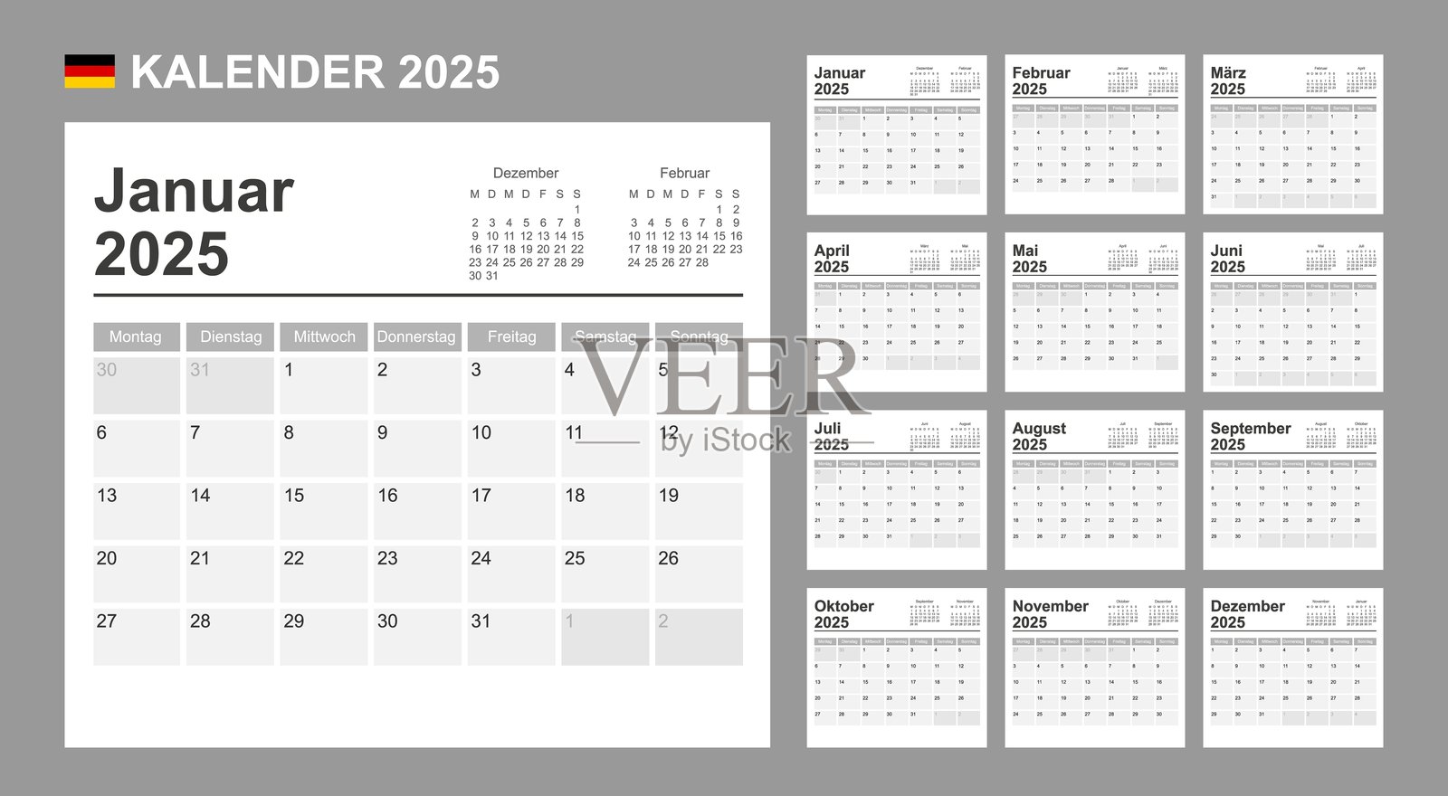 2025年德国日历。周一开始。简单的矢量模板。商务设计规划器。插画图片素材