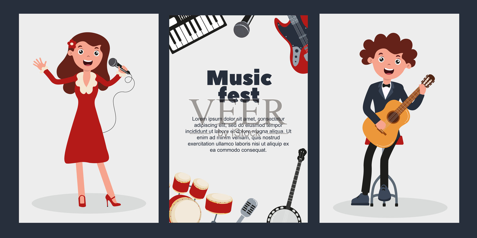 令人兴奋的音乐节汇聚了各种乐器和风格的表演者插画图片素材