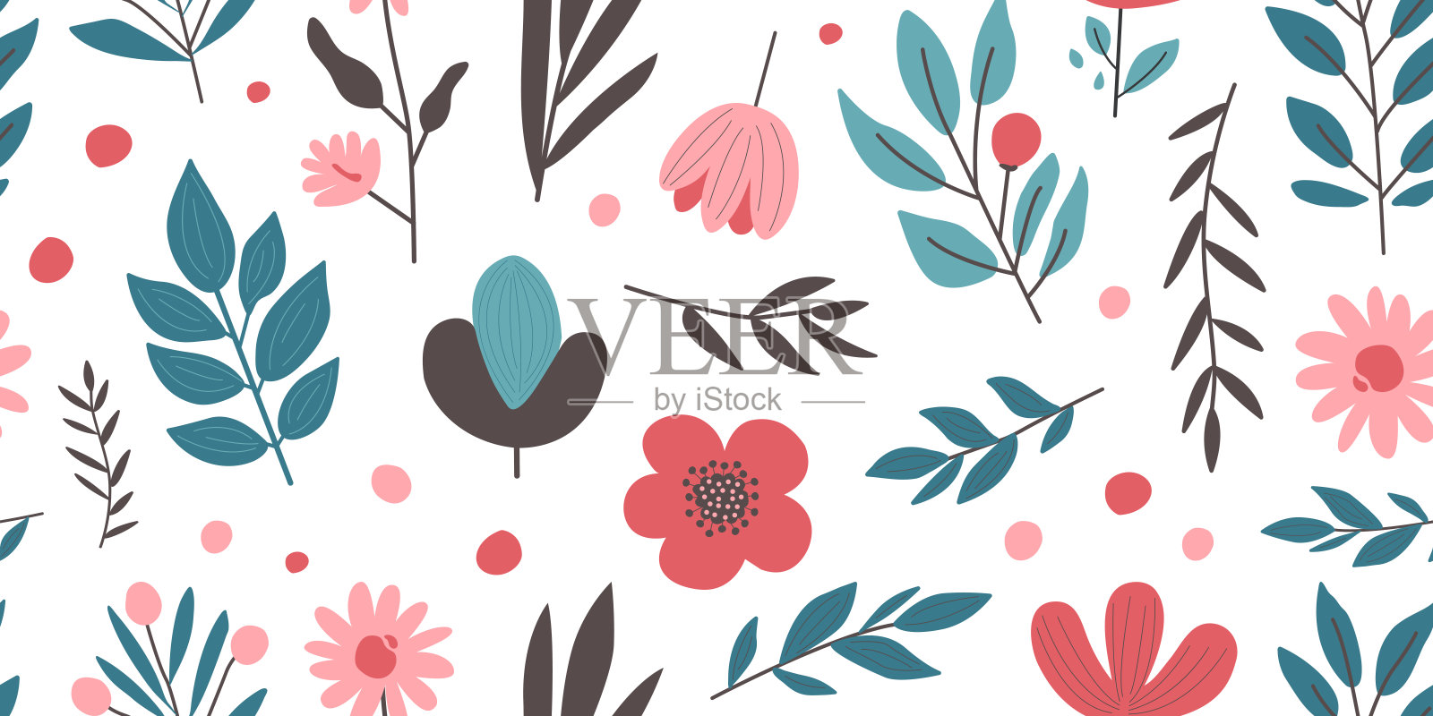 花卉无缝图案，可爱的复古花朵，春季复古背景，夏季涂鸦植物，重复的自然花园，浪漫的叶子和树枝，花卉背景。天真手绘的装饰。矢量图。插画图片素材