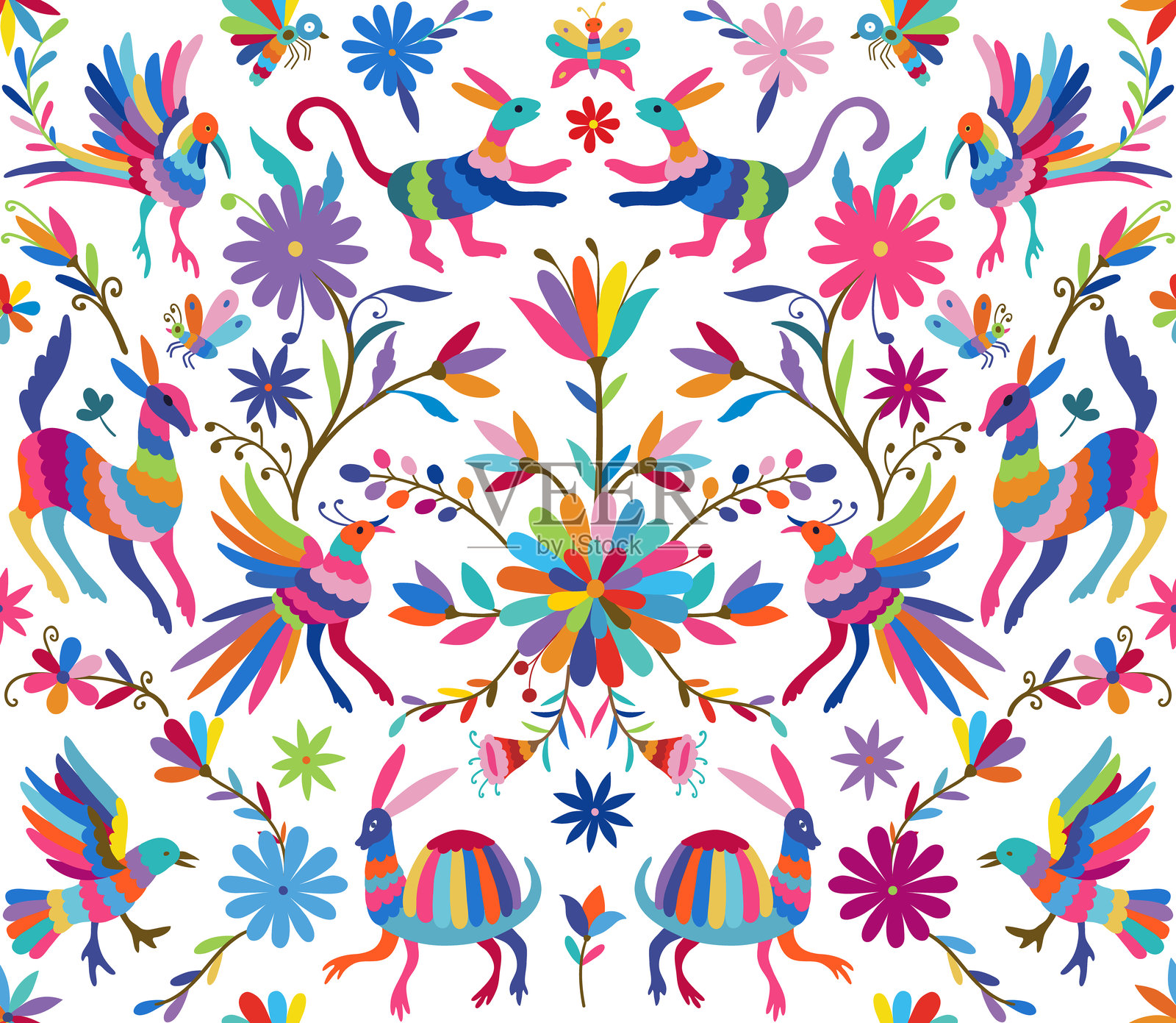 华丽的墨西哥民族刺绣奥托米。无缝图案，包含鸟类、动物和花卉。插画图片素材