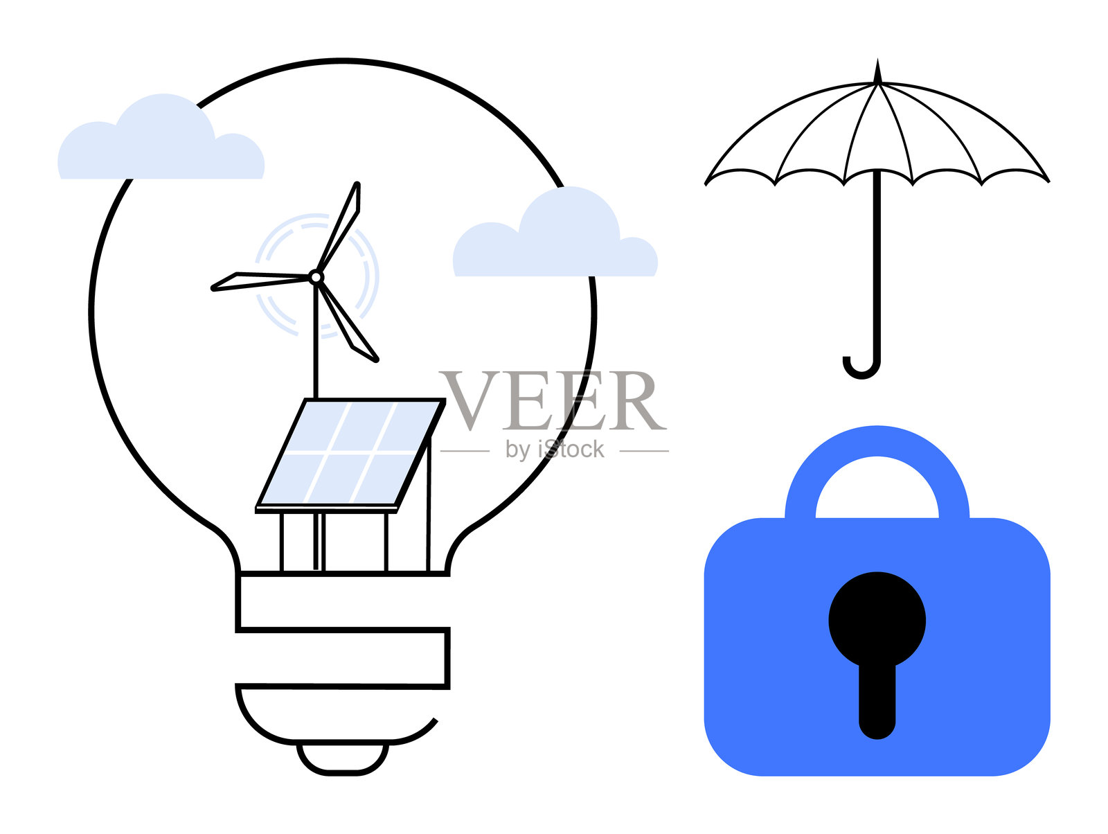 可再生能源与安全概念，包含太阳能电池板、风力涡轮机、伞和挂锁插画图片素材