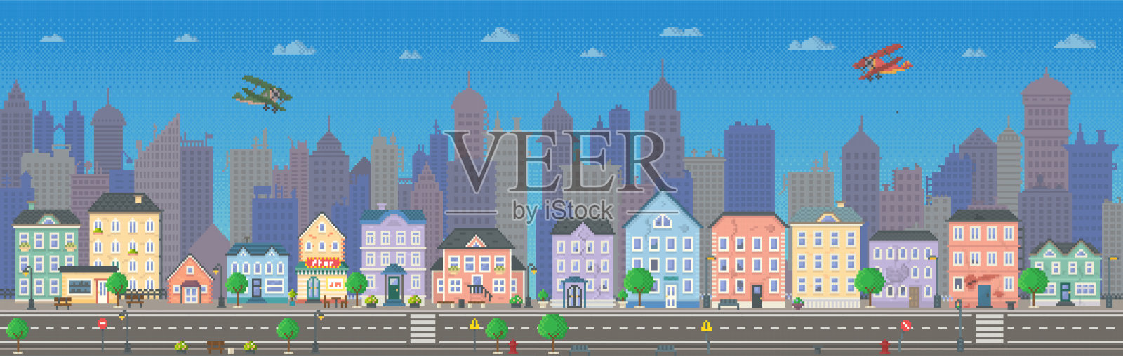 色彩斑斓的城市天际线，复古飞机在空中飞过，展现混合建筑风格插画图片素材