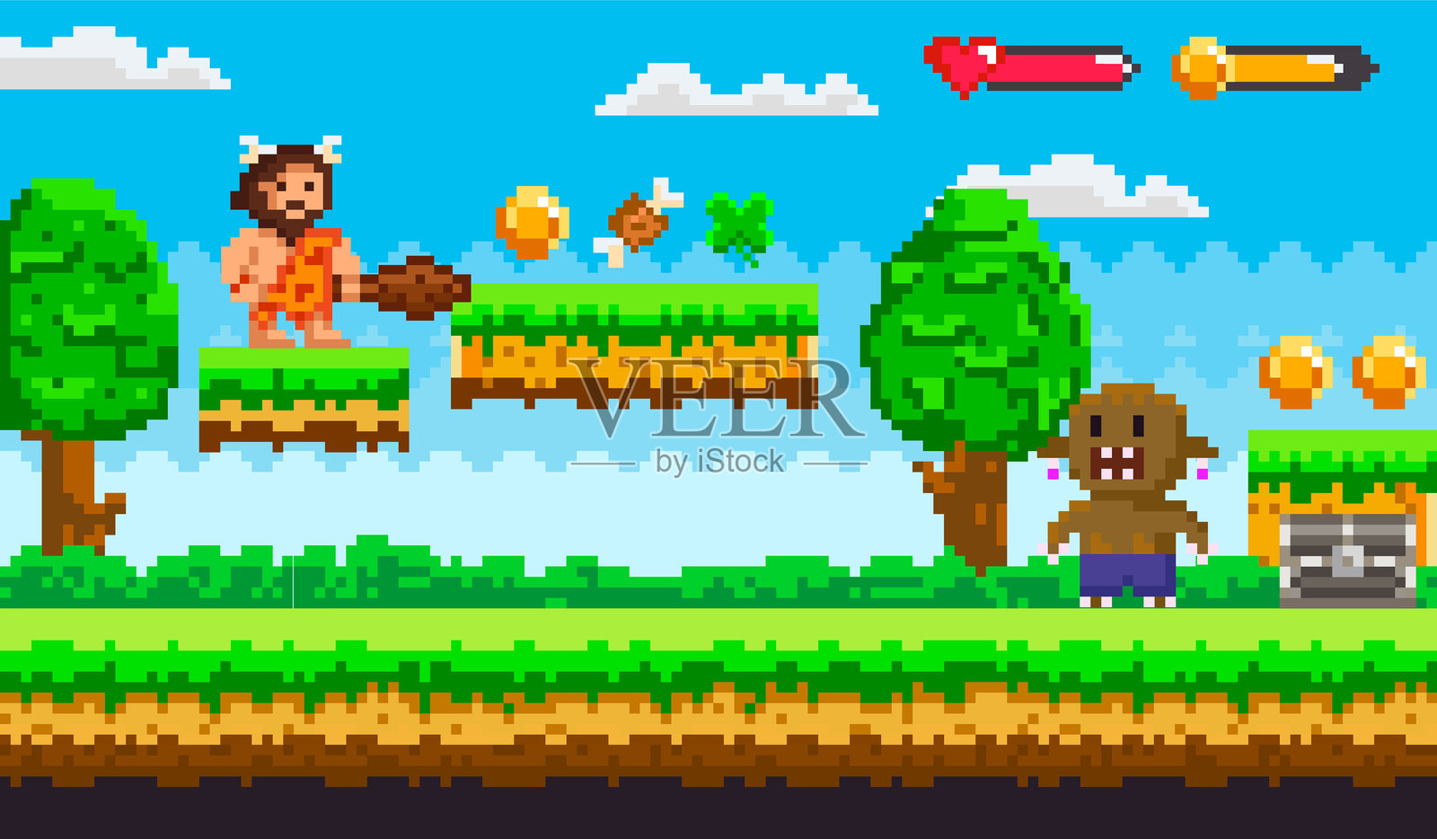 像素冒险中的穴居人，收集金币并在复古8位风格游戏中与敌人战斗插画图片素材