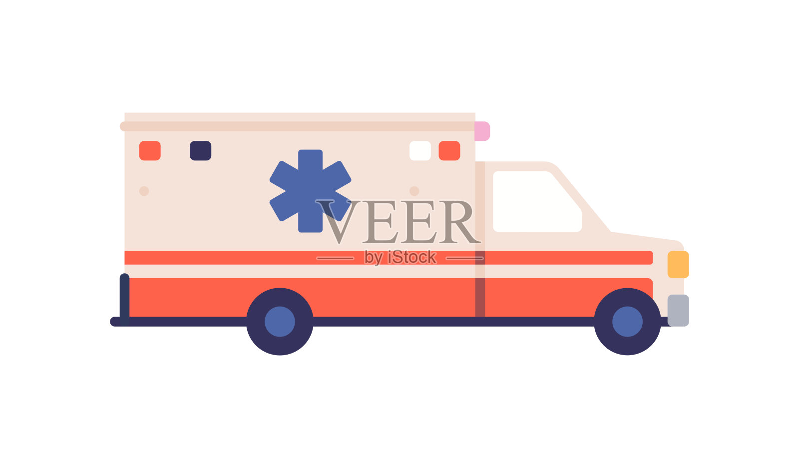 带有急救人员标志的救护车，医疗紧急车辆，急救车的侧面视图，白色和红色的救护车，医疗紧急服务的救援车。插画图片素材