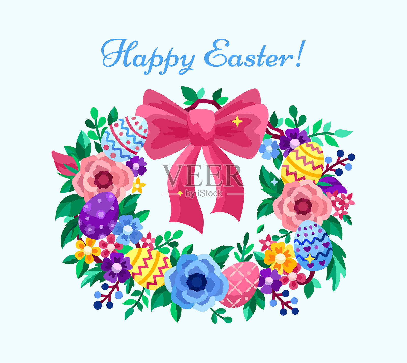复活节花环，装饰有花朵、彩蛋、树枝和叶子。矢量平面插图插画图片素材