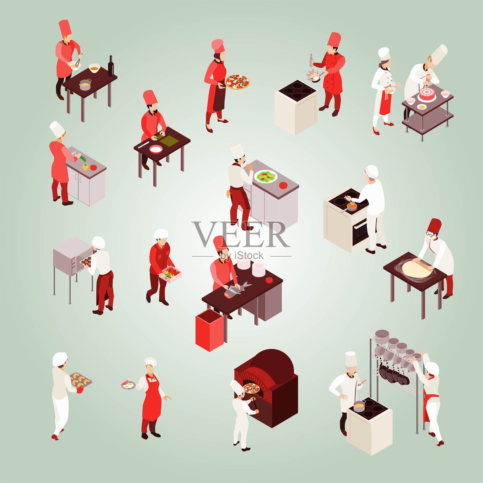 专业烹饪等距图标，工作人员在米色背景下使用烹饪工具工作插画图片素材
