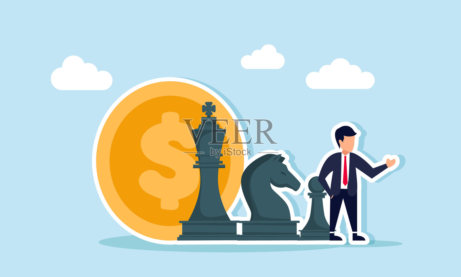 一位商人站在几个棋子和美元硬币旁边，插图展示了在公司中规划预算和财务效率的策略。插画图片素材