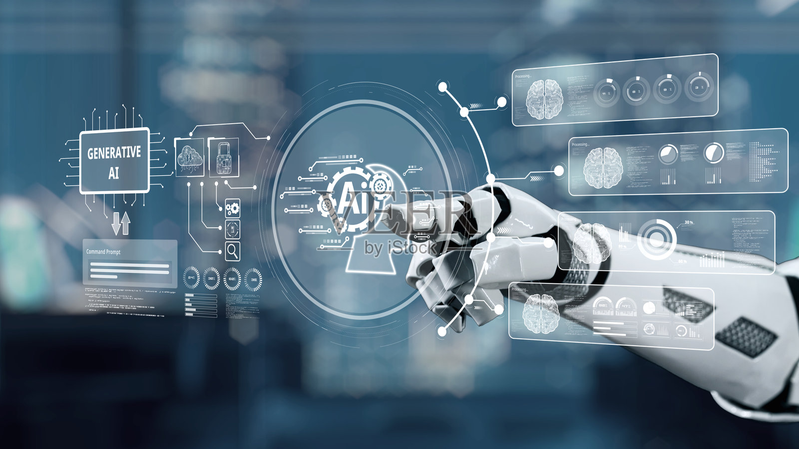 未来主义的机器人手与数字界面互动，展示生成式人工智能技术概念和数据分析，置身于现代科技环境中。Auvana照片摄影图片