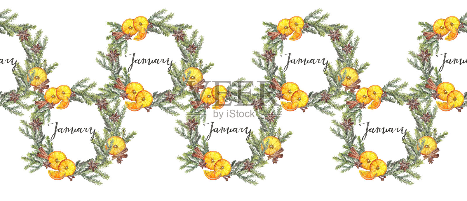 水彩无缝边框，橙色和肉桂色圆形框架，白色背景上的圣诞树。冷杉树枝和“一月”字样。手绘的新年边框。适用于包装或壁纸。插画图片素材
