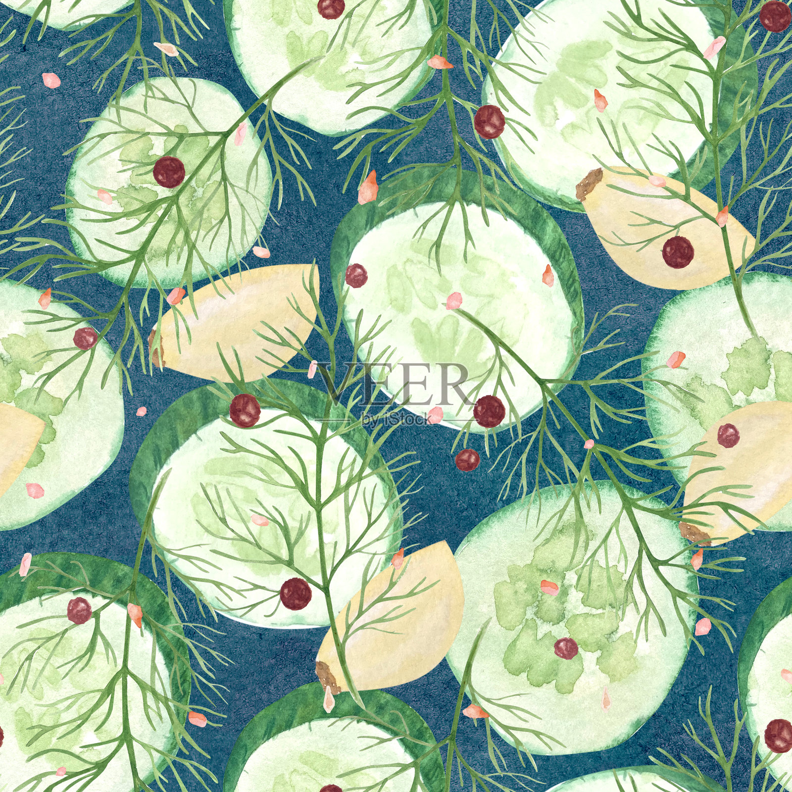 黄瓜片、大蒜盐、胡椒和莳萝的水彩无缝图案，背景为蓝色，手绘剪贴画，完美适用于腌菜罐、包装、菜单、食谱、博客文章、标签、标志装饰和设计。插画图片素材