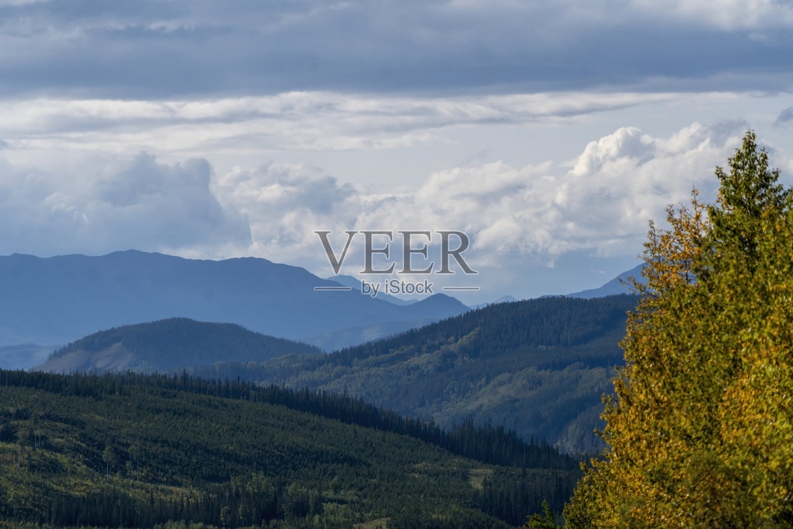 不列颠哥伦比亚省的丘陵和远处的山峰在多云的天空下照片摄影图片