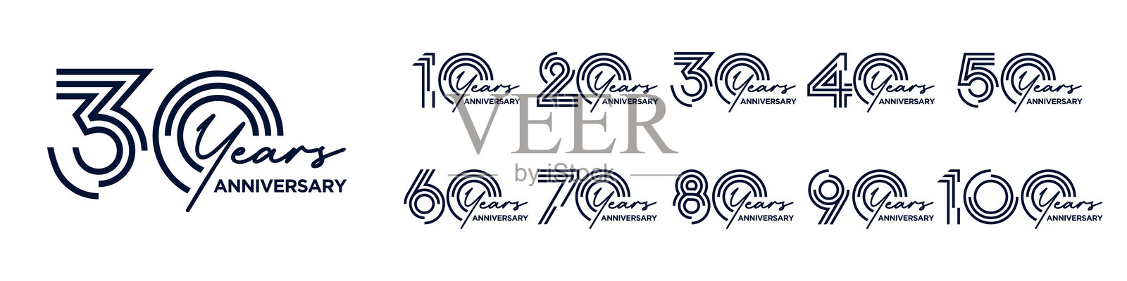 周年庆典10到100年的标志设计。用于庆祝活动、婚礼、贺卡和邀请函的抽象数字，矢量插图。插画图片素材