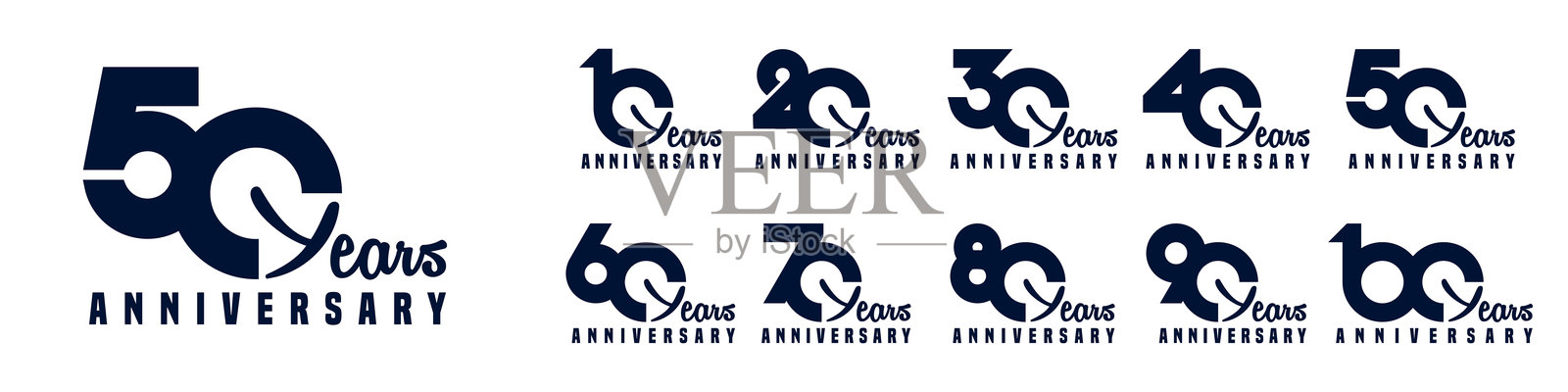 周年庆典10到100年的标志设计。用于庆祝活动、婚礼、贺卡和邀请函的抽象数字，矢量插图。插画图片素材