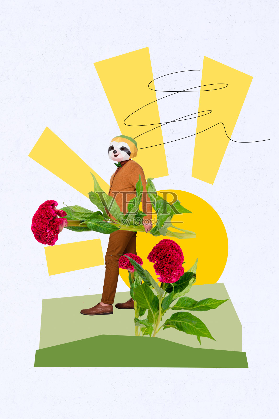 创意拼贴画设计，动物树懒头部与人类身体，手持春季花束在公园散步，背景为鸡冠花自然景观。照片摄影图片