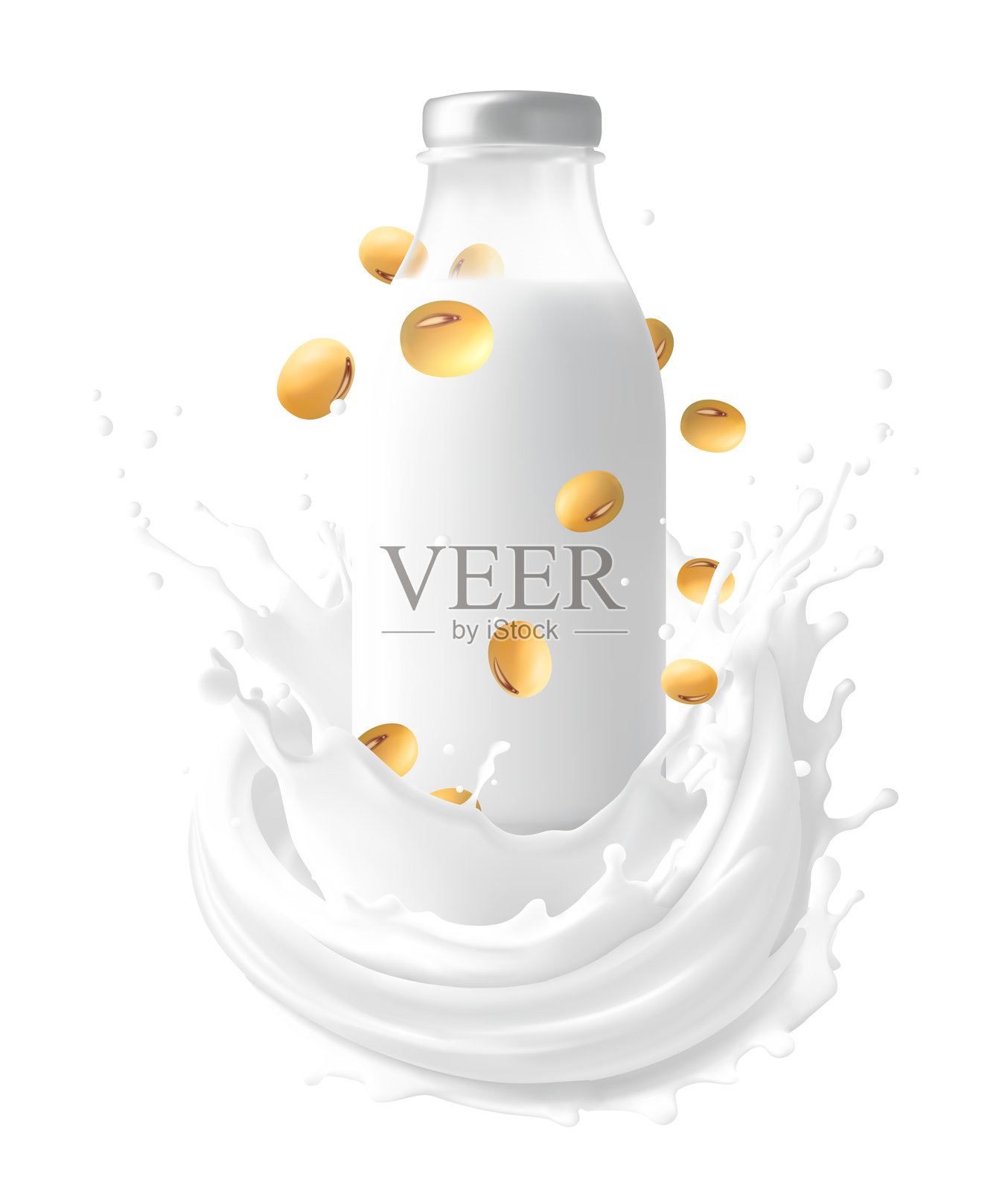 豆浆酸奶溅起水花，背景纯色。健康概念。真实的插图。可用于食品产品的产品设计，网格渐变效果。插画图片素材