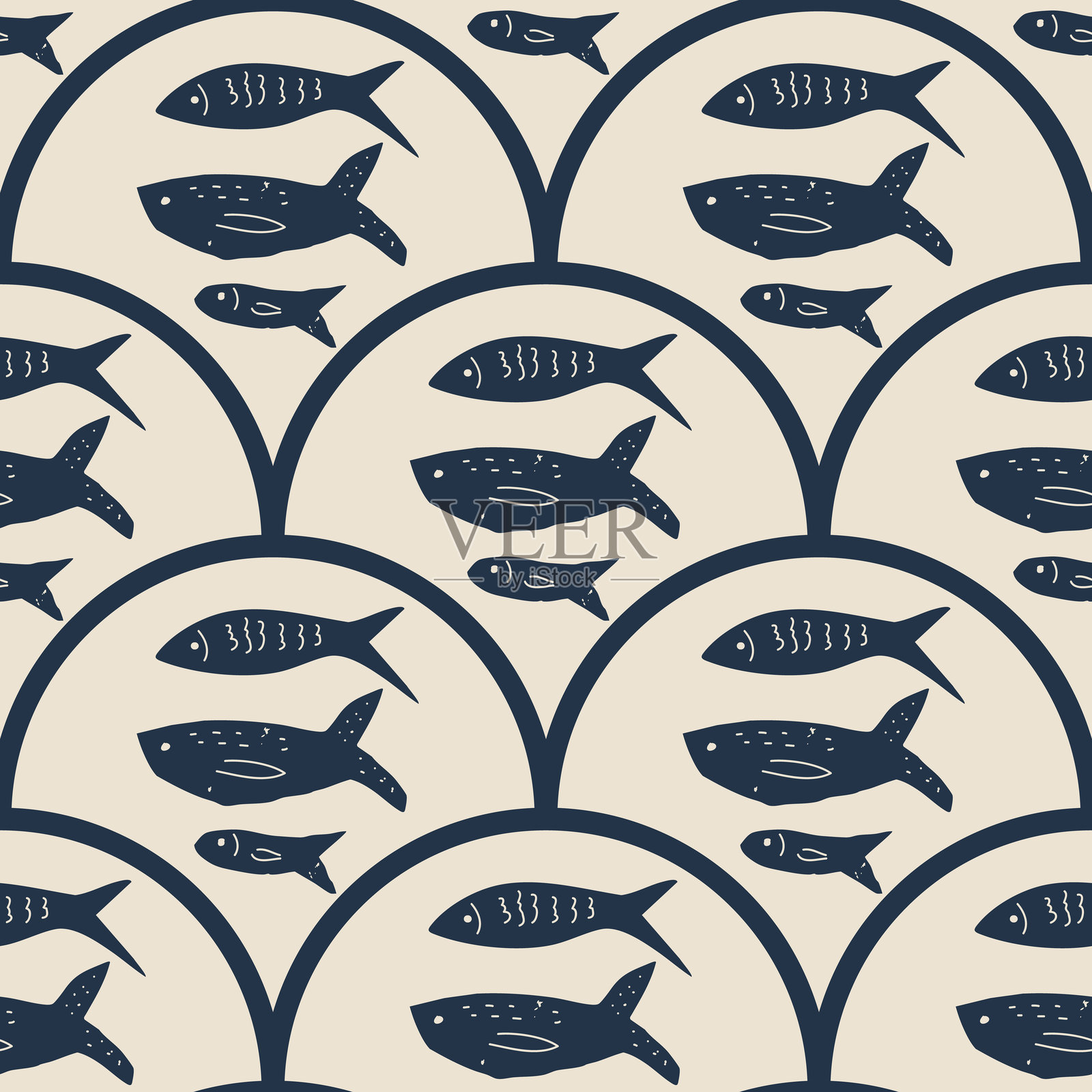 鱼扇贝无缝图案。沙丁鱼印花全覆盖背景。凤尾鱼重复图案。斯堪的纳维亚印花连续装饰。海洋主题表面图案设计。矢量手绘插图。插画图片素材