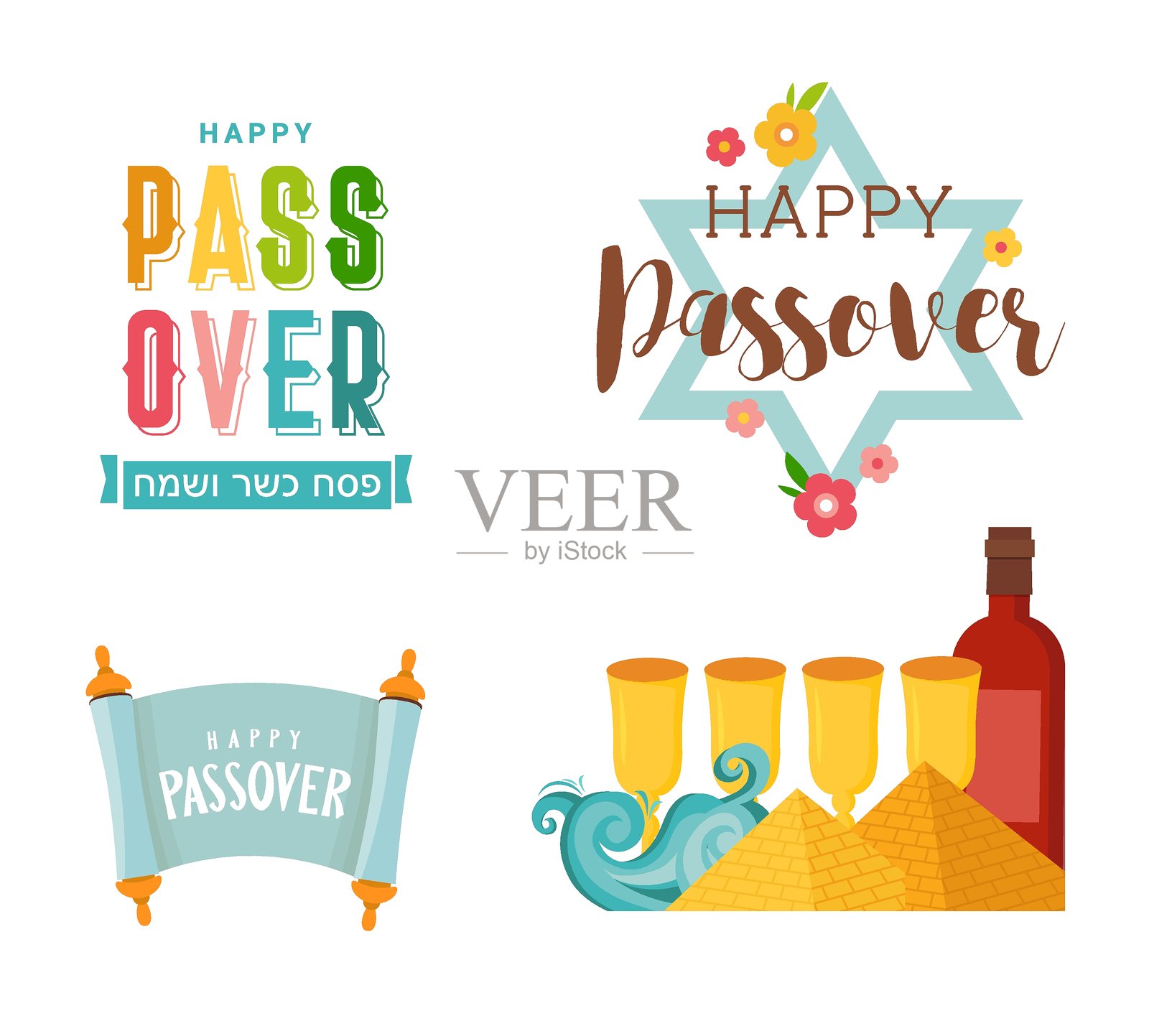 逾越节庆祝概念，犹太逾越节假日。带有传统图标的贺卡，四个酒杯、无酵饼和春天的花朵。矢量插图。插画图片素材