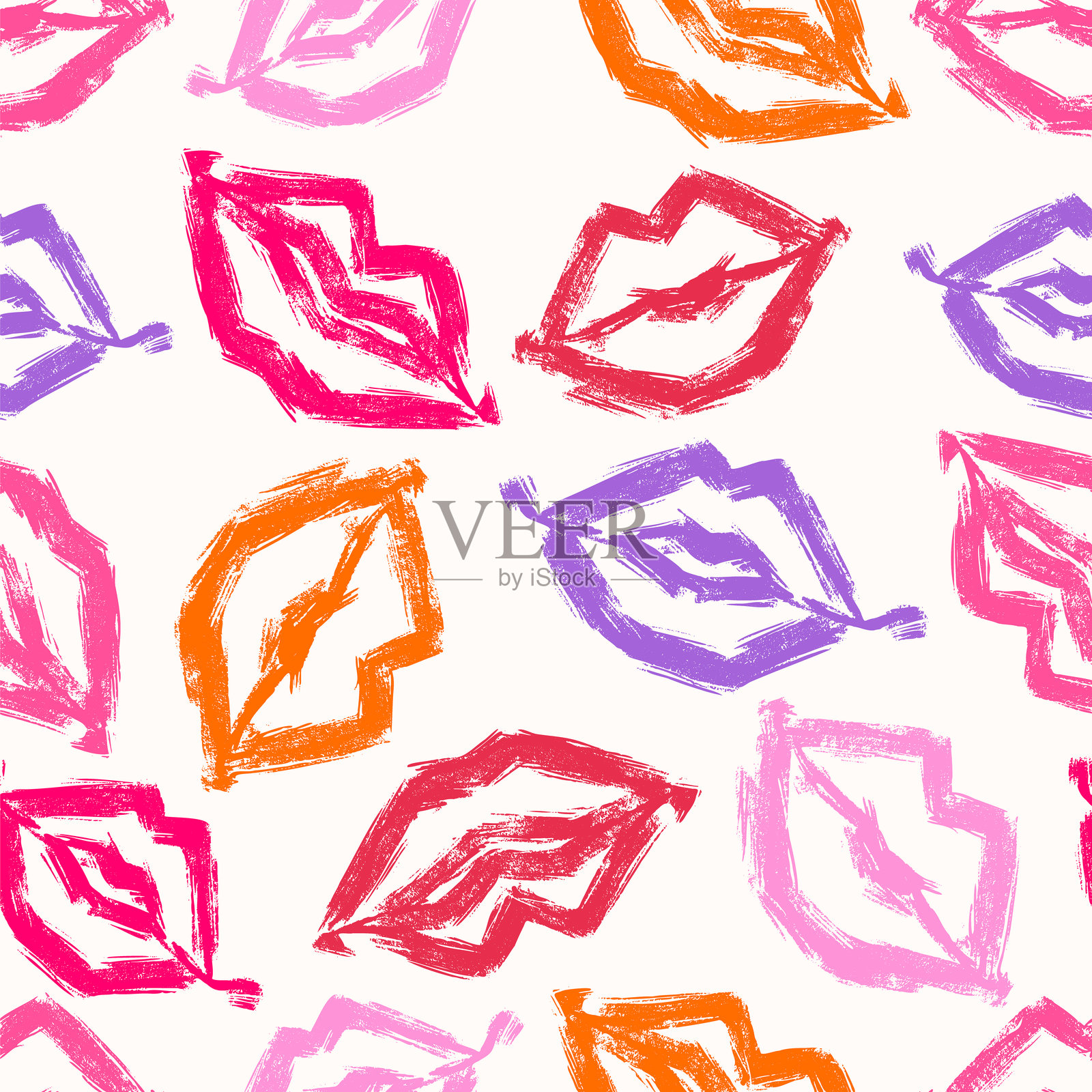 女孩风格的无缝图案，背景为白色，突出孤立的嘴唇大胆形状。色彩丰富的装饰性和简约手绘设计，完美适用于印刷、时尚、包装纸和面料。插画图片素材