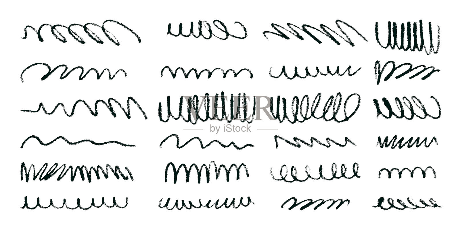 一组细黑色涂鸦铅笔线条。手绘风格的抽象笔触涂鸦。带有粗糙炭笔质感的多彩涂抹。插画图片素材