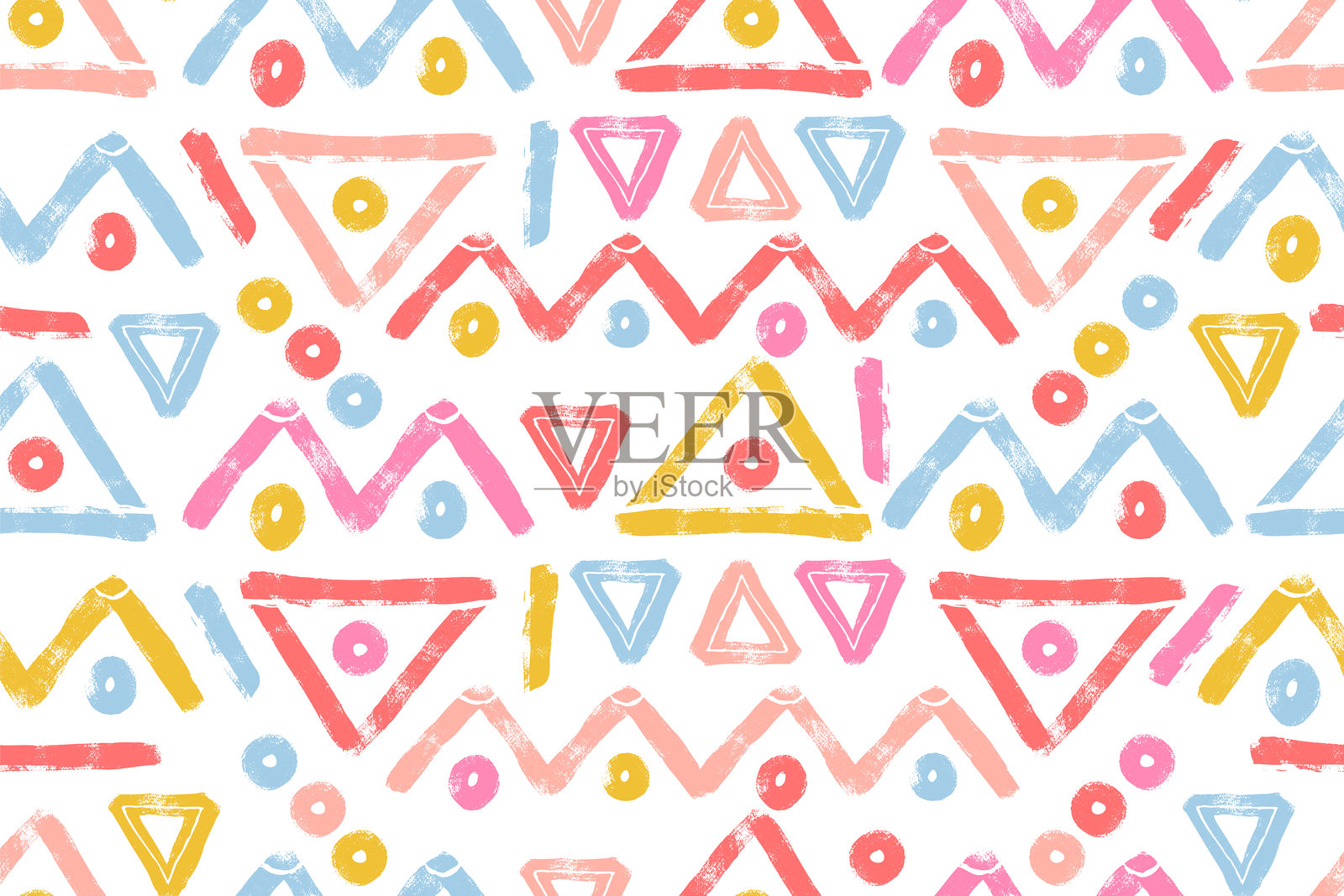几何大胆形状的无缝图案，独立于简单的白色平面背景上。色彩丰富的粉彩装饰和简约手绘设计，完美适用于印刷、时尚、包装纸和面料。插画图片素材