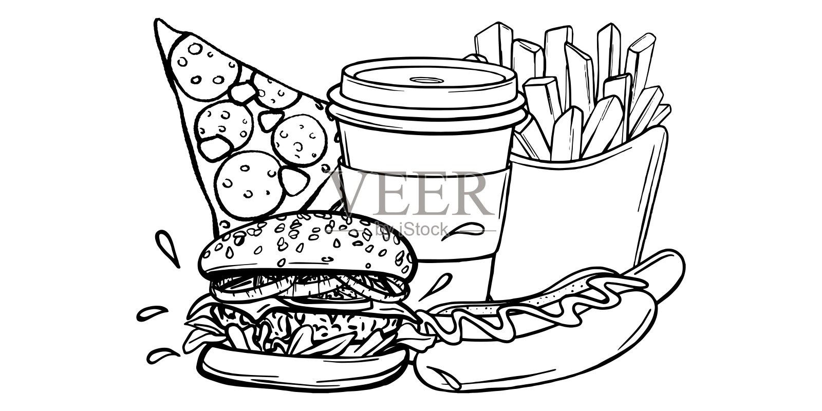 快餐矢量插图。纸杯咖啡、比萨饼、汉堡、薯条和热狗的黑白风格素描。手绘街头食品轮廓。咖啡馆菜单设计模板和展示。插画图片素材
