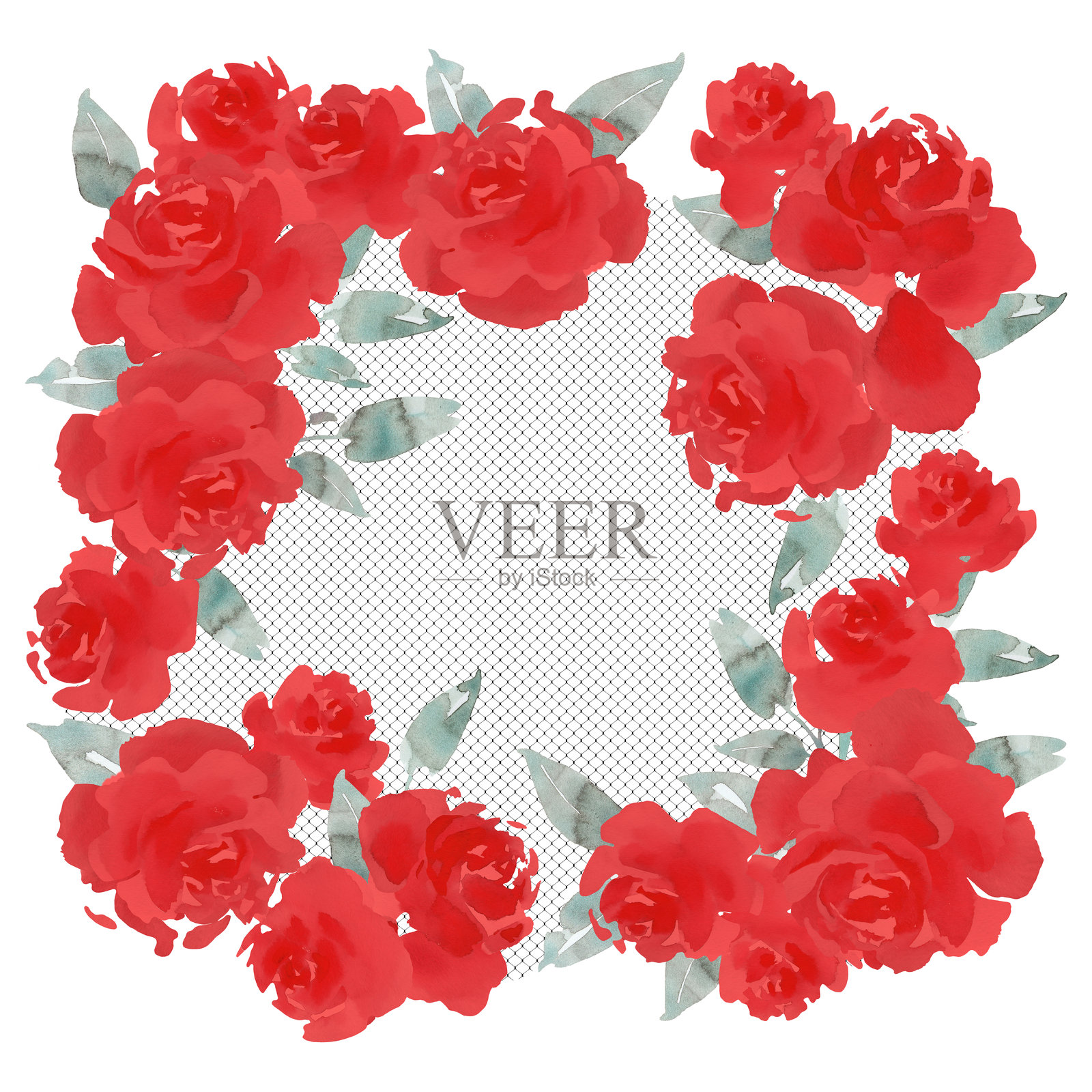 一张方形明信片，白色背景上装饰着红玫瑰和绿色叶子的边框。明信片的中心填充着黑色网格。插画图片素材