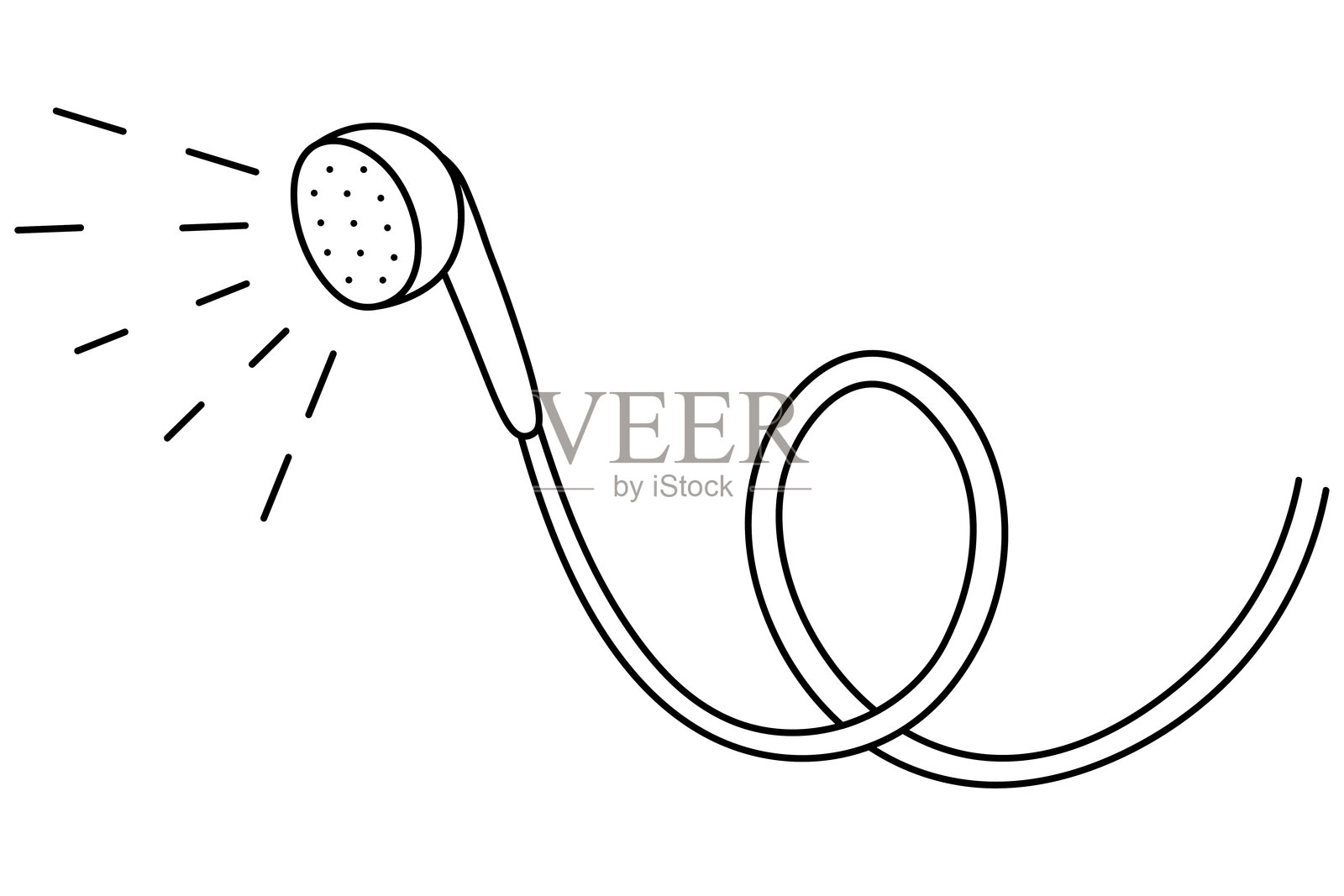 淋浴头。水从淋浴喷出，软管扭成螺旋形。矢量插图。插画图片素材