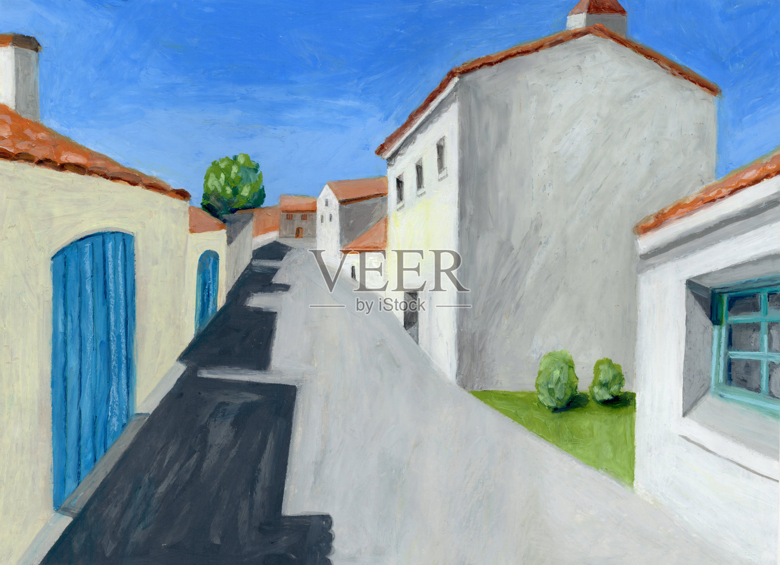 油画粉彩描绘的蓝天白房子的城镇风景插图插画图片素材