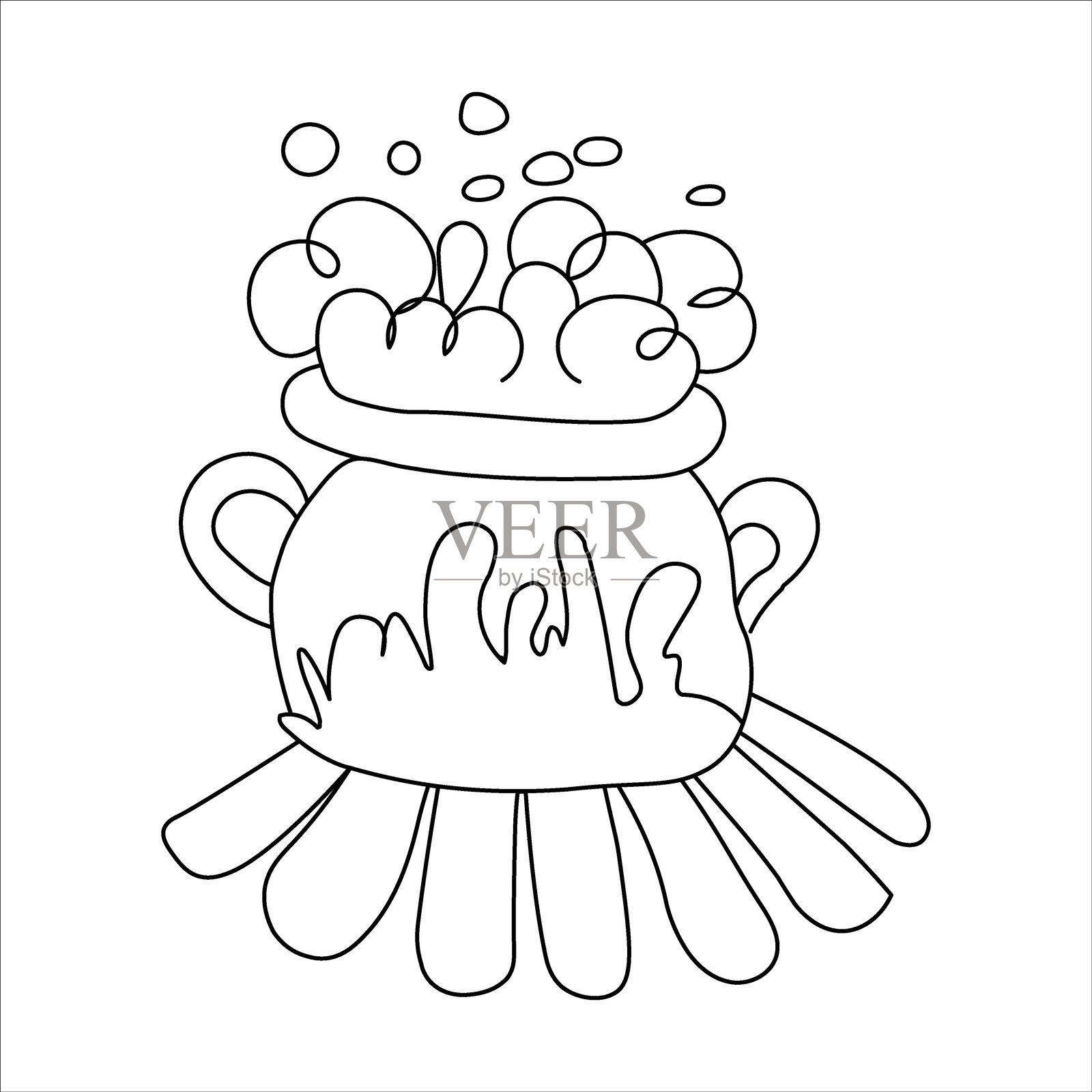 手绘的黑白轮廓插图，描绘了一个在篝火上煮药水的锅。背景为白色。插画图片素材