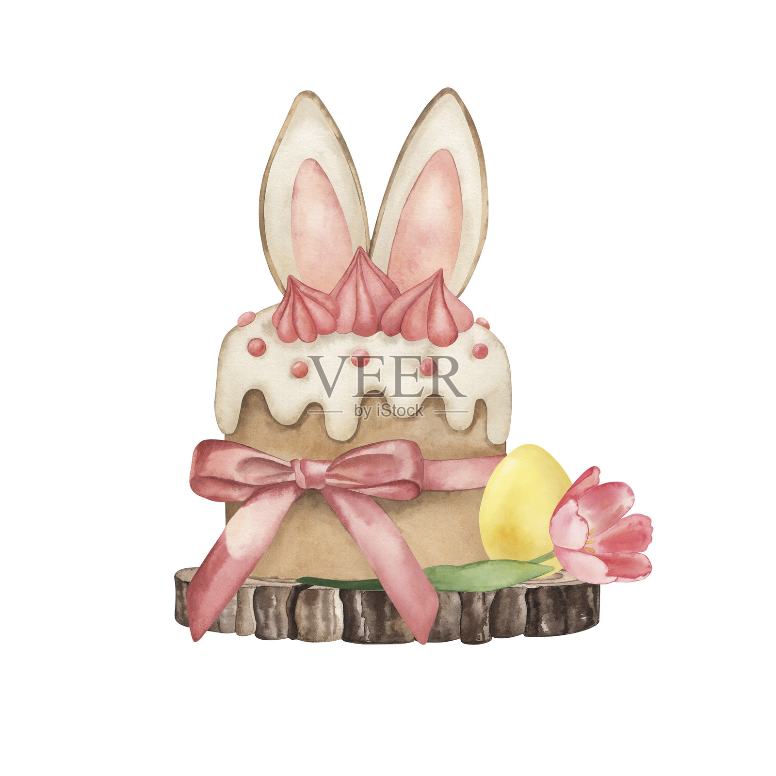 一个装饰有兔耳朵、粉色蛋白霜、糖霜和丝带蝴蝶结的复活节蛋糕放在木板上，旁边有一个黄色的蛋和粉色的郁金香。这幅水彩插图是手绘的，适合设计使用。插画图片素材
