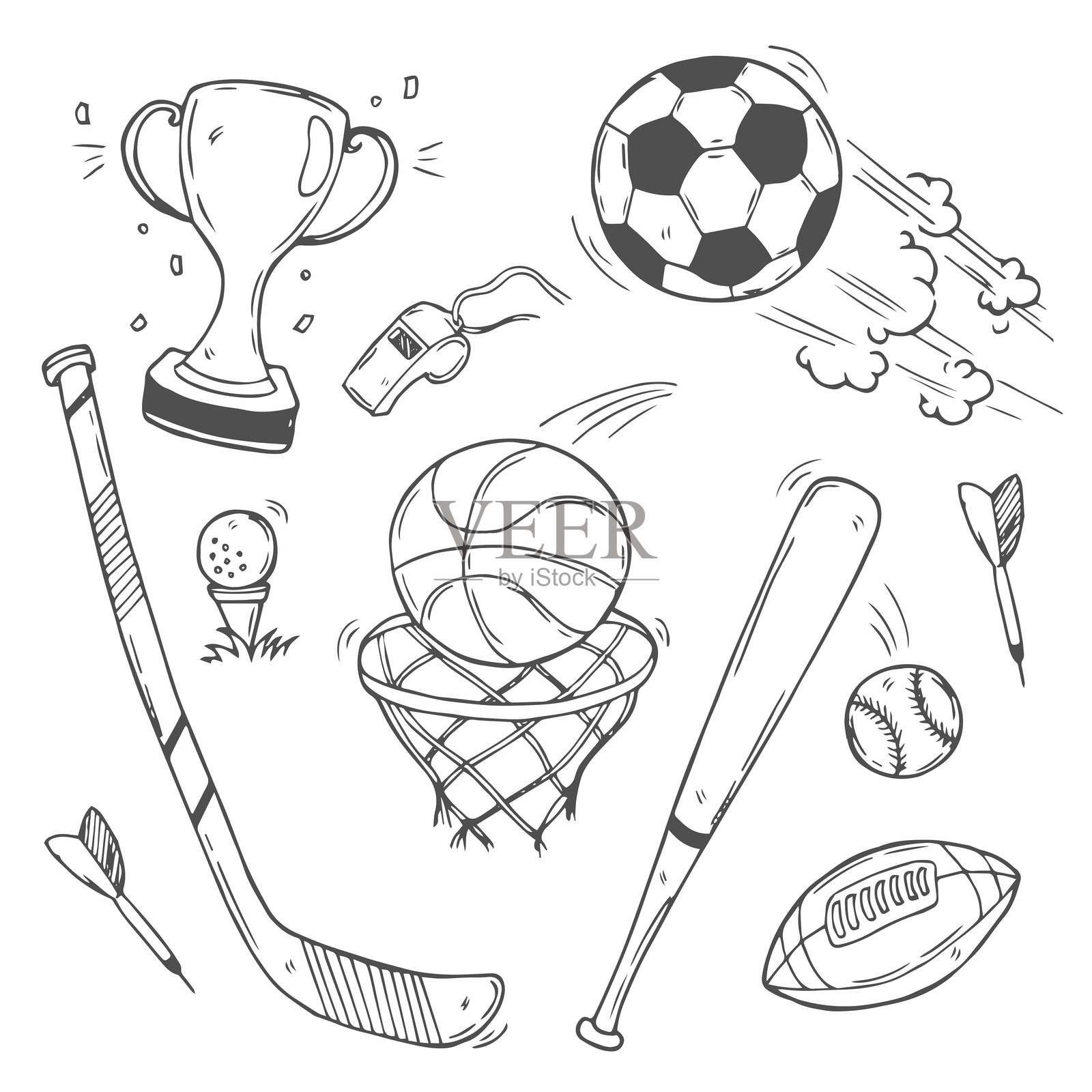 运动主题涂鸦套装，包括足球、篮球、棒球、冰球、拳击、羽毛球、滑板和高尔夫。插画图片素材