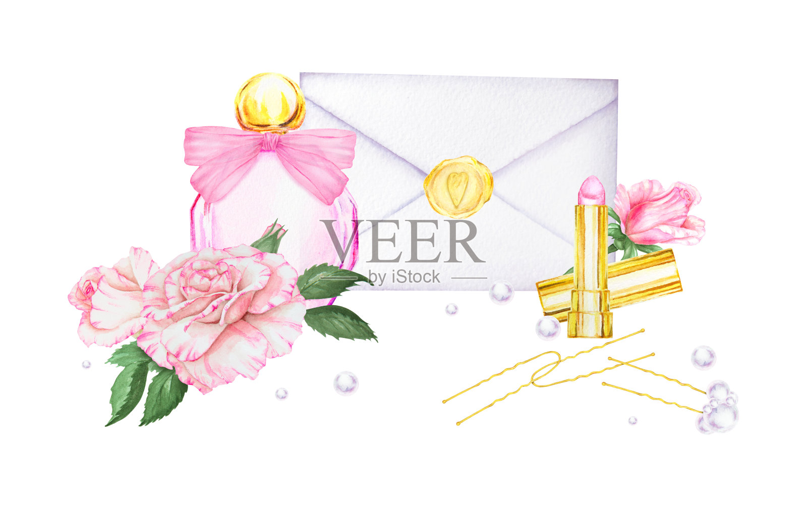 浪漫的水彩作品，包含香水瓶、粉色玫瑰、口红和情书。非常适合用于婚礼请柬、品牌推广、美容包装、贺卡和浪漫项目。插画图片素材