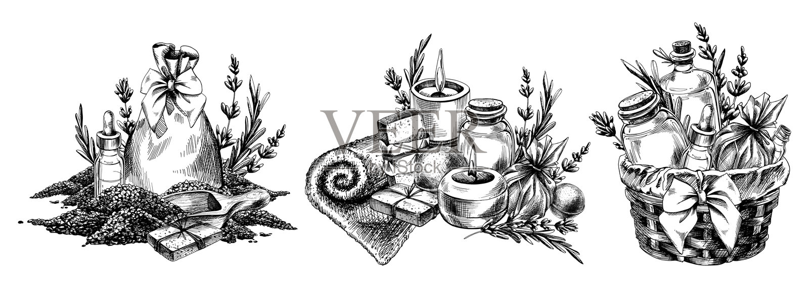 手工化妆品、浴盐、肥皂、蜡烛、浴球。黑白单色线条艺术手绘插图。元素集合。插画图片素材