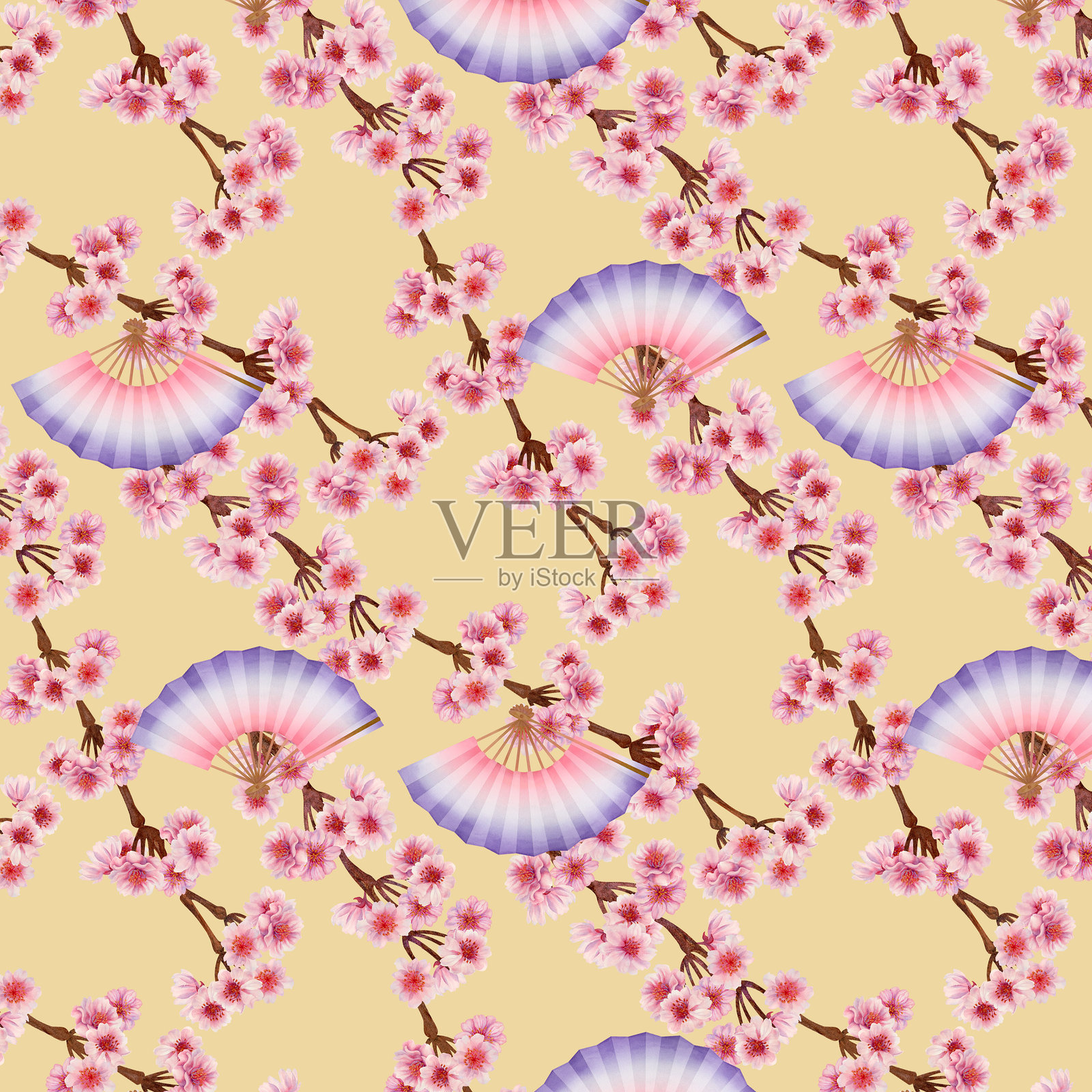 盛开的粉色花朵与折叠纸扇的枝条。春季樱花、苹果树、杏树的无缝图案，背景为白色和色彩丰富的。适用于花见、水彩模板、纺织品和壁纸。插画图片素材