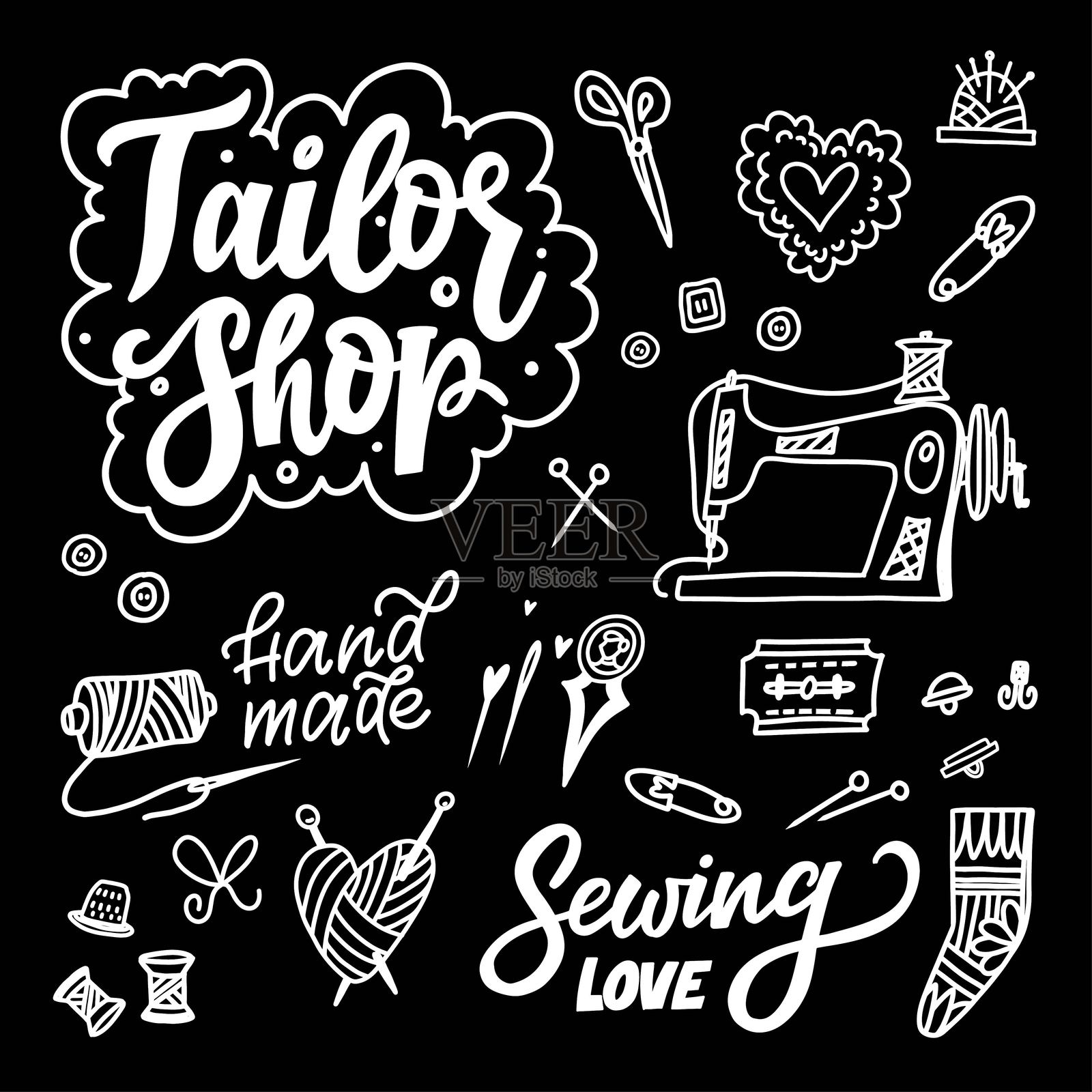 创意缝纫店设计，黑色背景上带有手绘元素，特色复古字母、缝纫工具和手工图形。非常适合手工制作和裁缝项目。插画图片素材