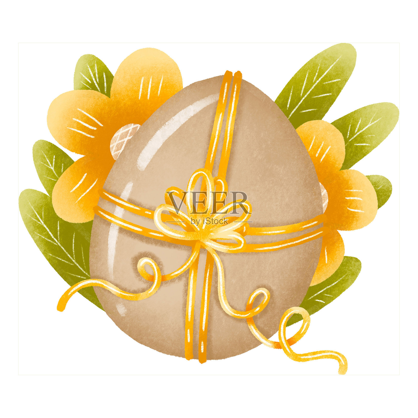 带有十字架的彩蛋和系着蝴蝶结的春季黄色花朵与叶子。手绘的四月节日插图。插画图片素材