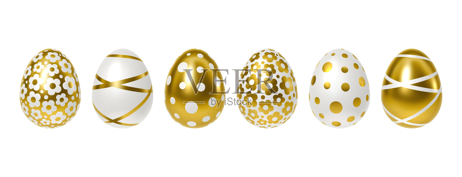 金色的3D复活节彩蛋，带有波点、条纹和花卉图案，孤立在白色背景上，适合复活节设计的节日装饰插画图片素材