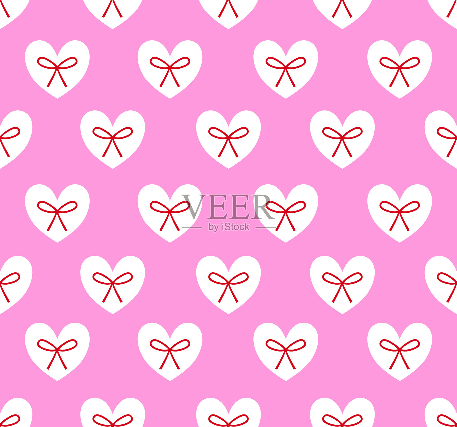 粉色背景上带有白色心形和红色蝴蝶结的无缝图案。插画图片素材
