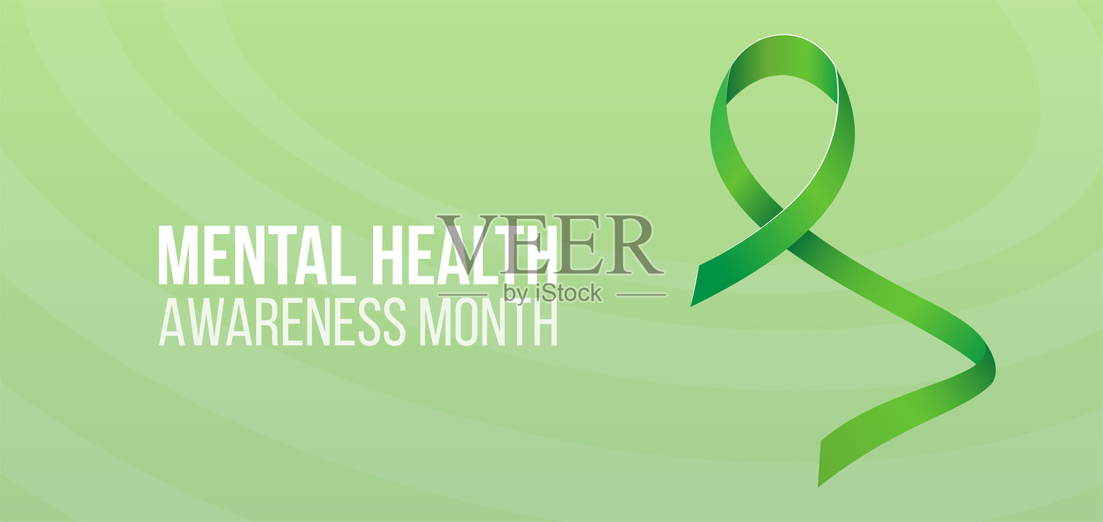 心理健康意识月概念。带有绿色丝带和文字的横幅模板。插画图片素材