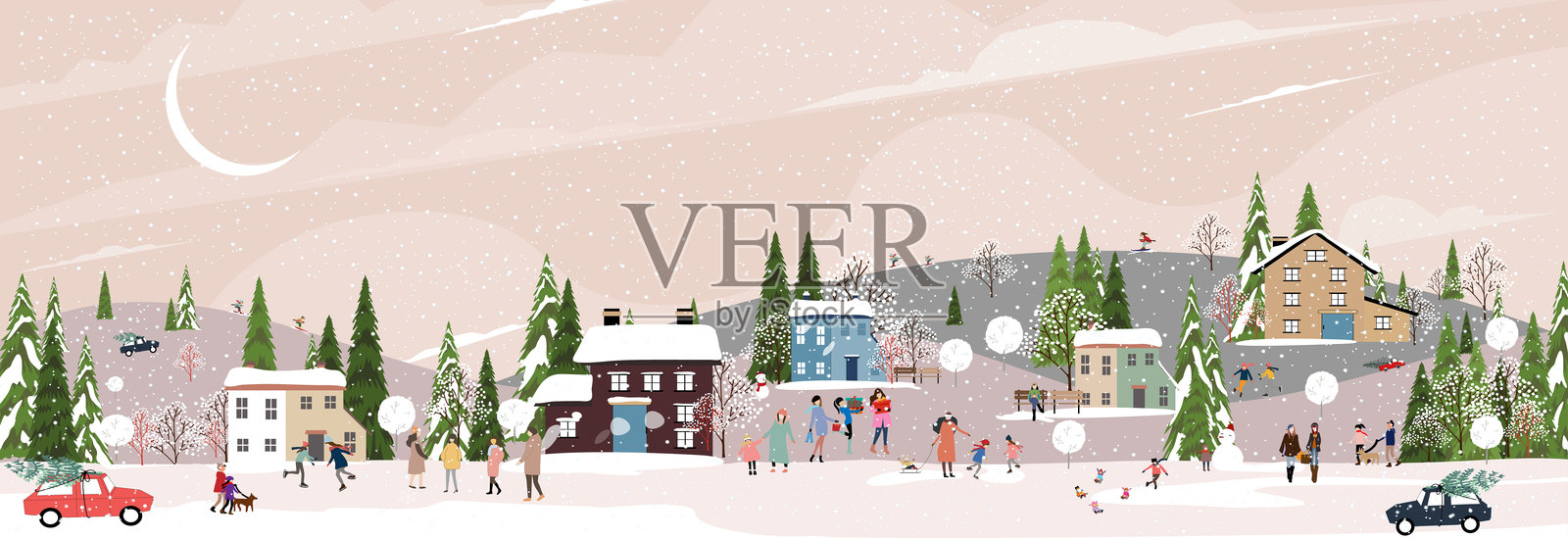 圣诞背景，冬季村庄风景，天空中飘着雪花，城市公园里的人们庆祝新年，矢量圣诞横幅，自然冬季仙境，森林树木插画图片素材