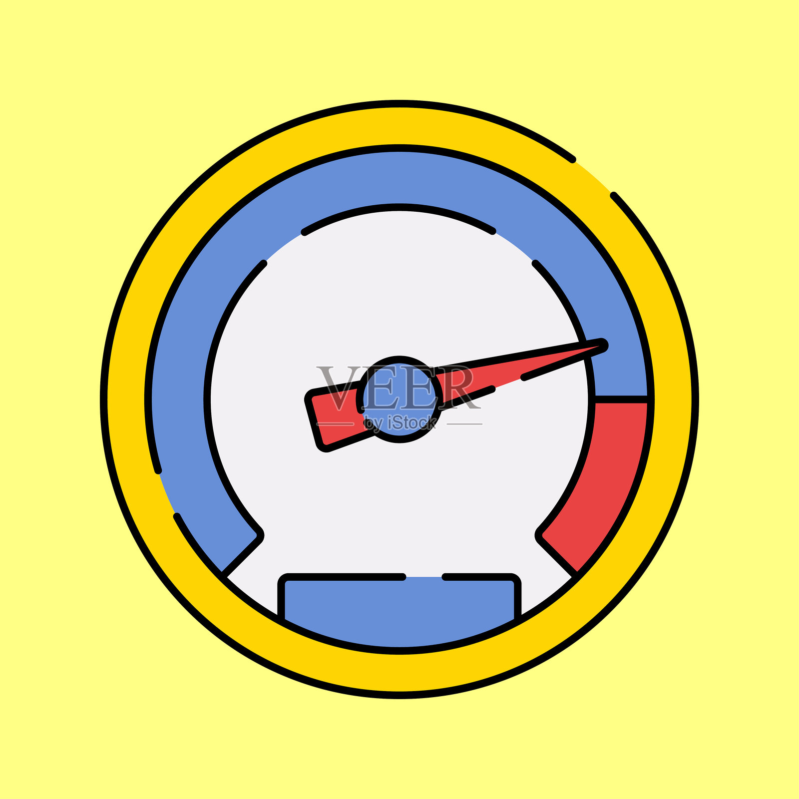 速度计扁平设计风格，圆形仪表盘配有红色指针，象征速度测量，适用于汽车仪表盘、性能跟踪和赛车视觉效果。插画图片素材